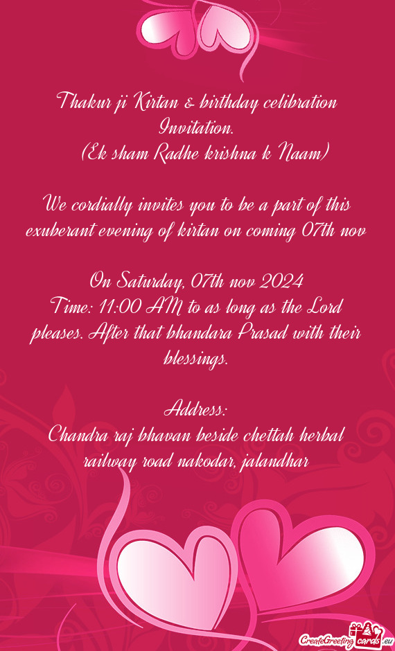 Thakur ji Kirtan & birthday celibration Invitation