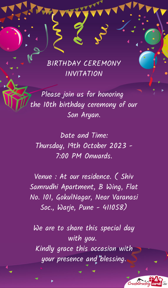 The 10th birthday ceremony of our Son Aryan