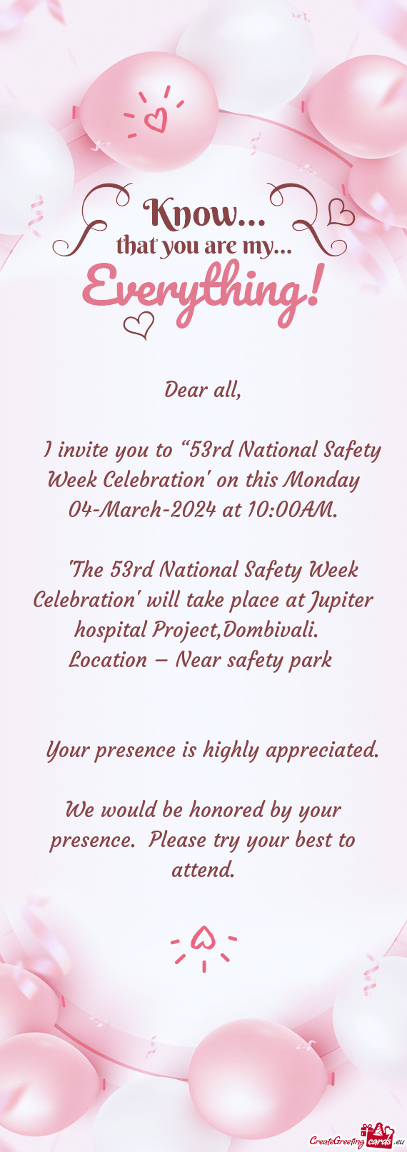 "The 53rd National Safety Week Celebration" will take place at Jupiter hospital Project,Dombivali