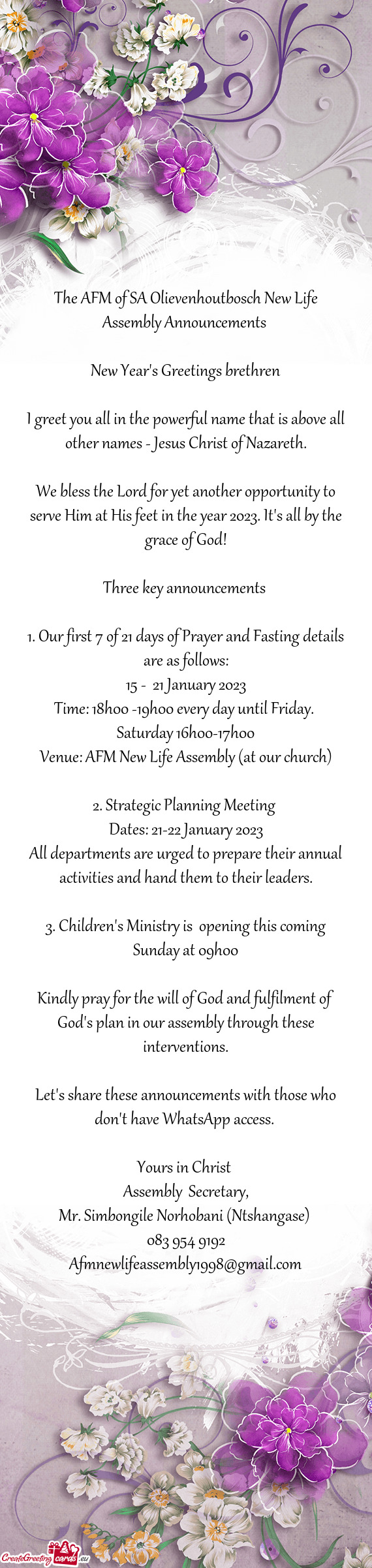 The AFM of SA Olievenhoutbosch New Life Assembly Announcements