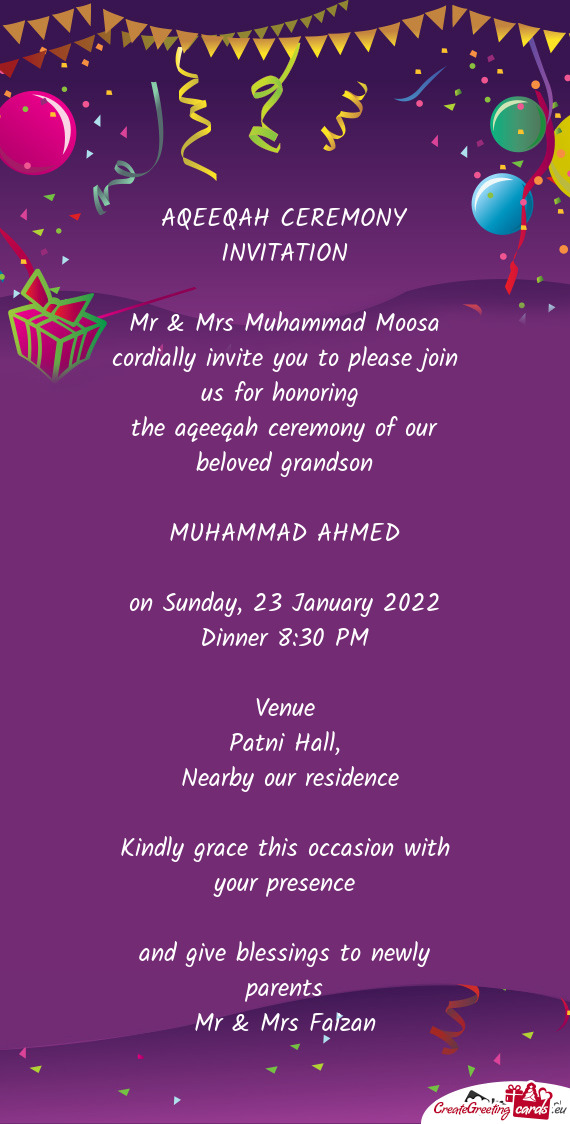 The aqeeqah ceremony of our beloved grandson - Free cards