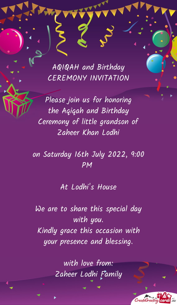 The Aqiqah and Birthday Ceremony of little grandson of Zaheer Khan Lodhi