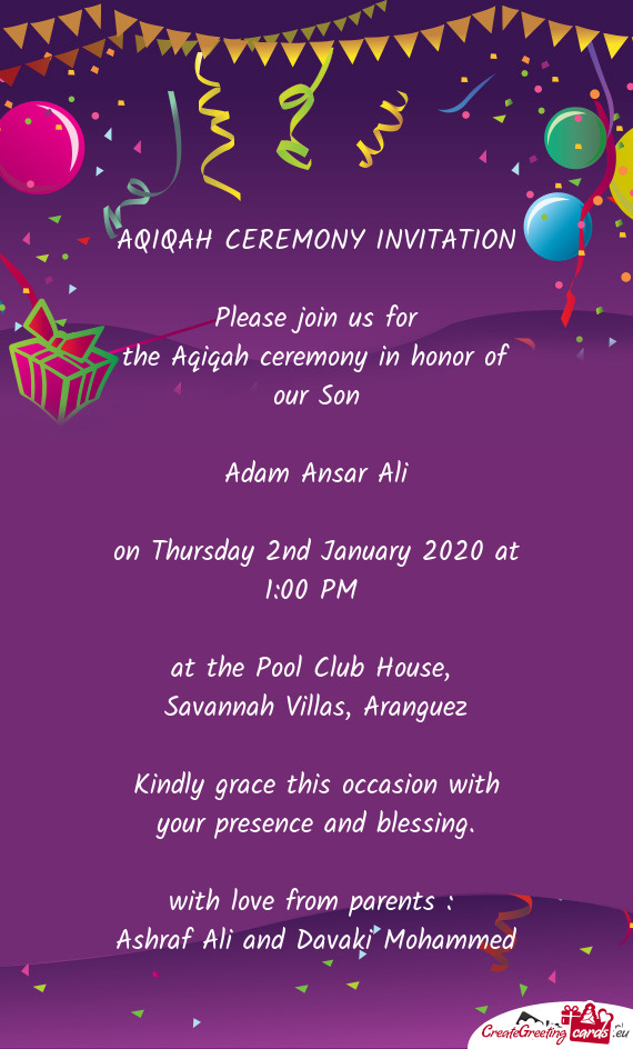 The Aqiqah ceremony in honor of our Son - Free cards
