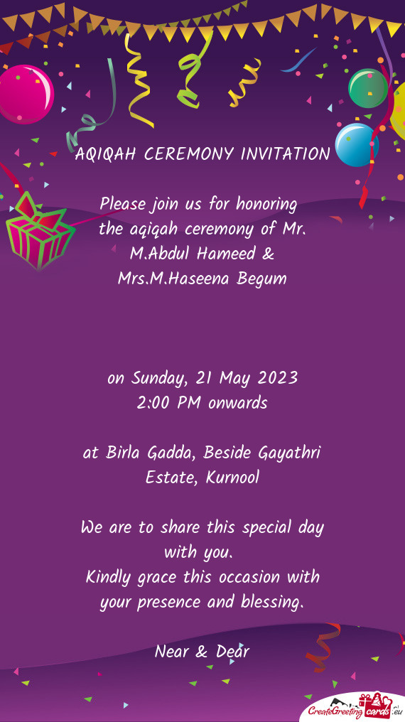 The aqiqah ceremony of Mr. M.Abdul Hameed & Mrs.M.Haseena Begum