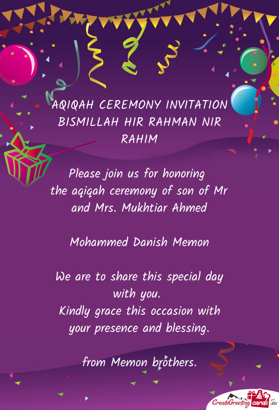 The aqiqah ceremony of son of Mr and Mrs. Mukhtiar Ahmed