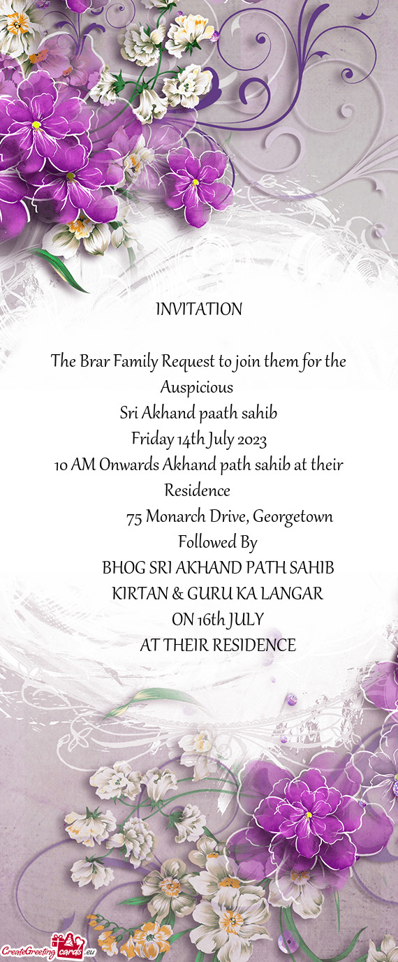 The Brar Family Request to join them for the Auspicious