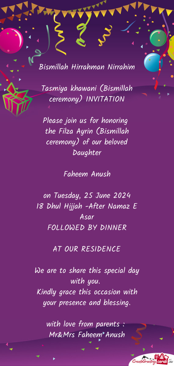 The Filza Ayrin (Bismillah ceremony) of our beloved Daughter