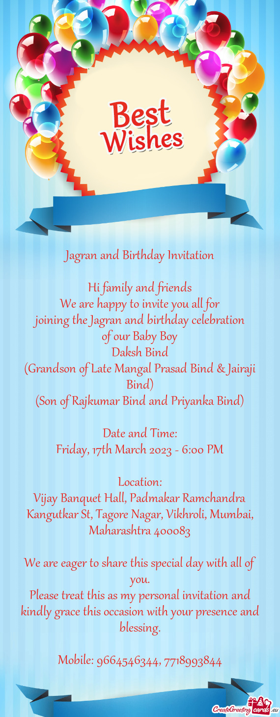 The Jagran and birthday celebration of our Baby Boy Daksh Bind (Grandson of Late Mangal Prasad B