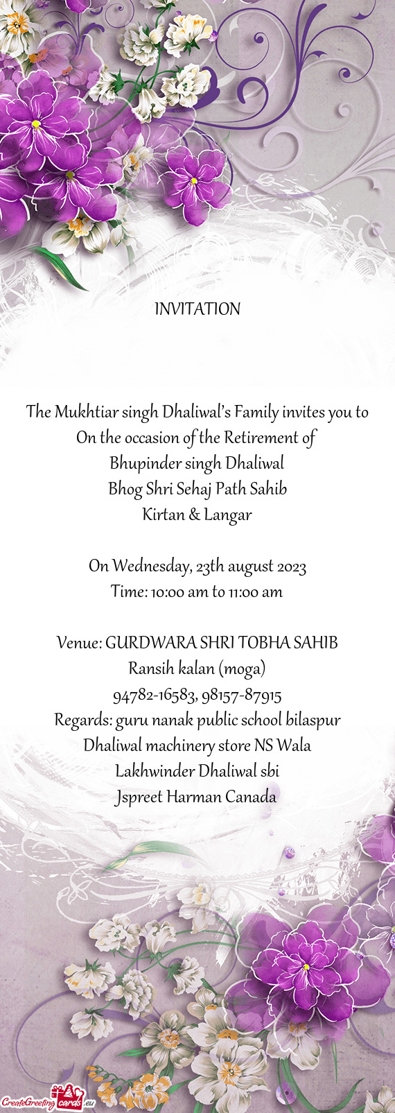 The Mukhtiar singh Dhaliwal’s Family invites you to