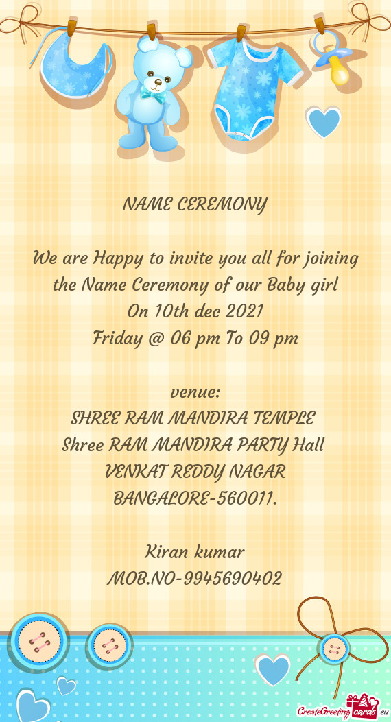 The Name Ceremony of our Baby girl - Free cards