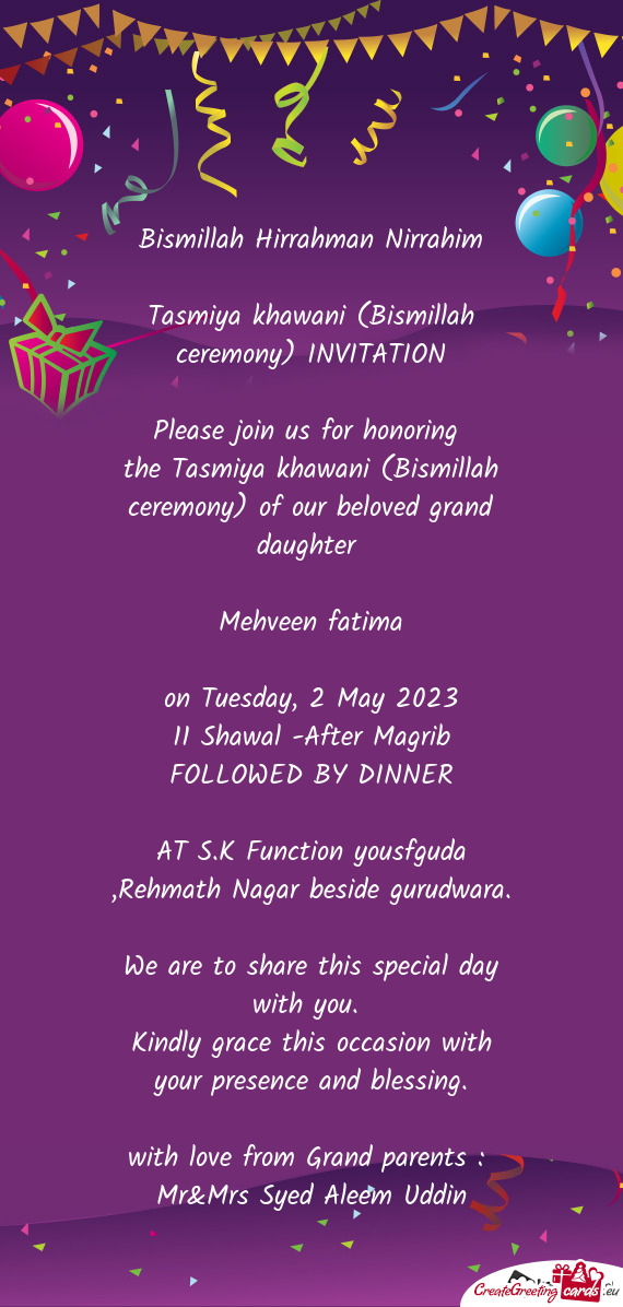 The Tasmiya khawani (Bismillah ceremony) of our beloved grand daughter