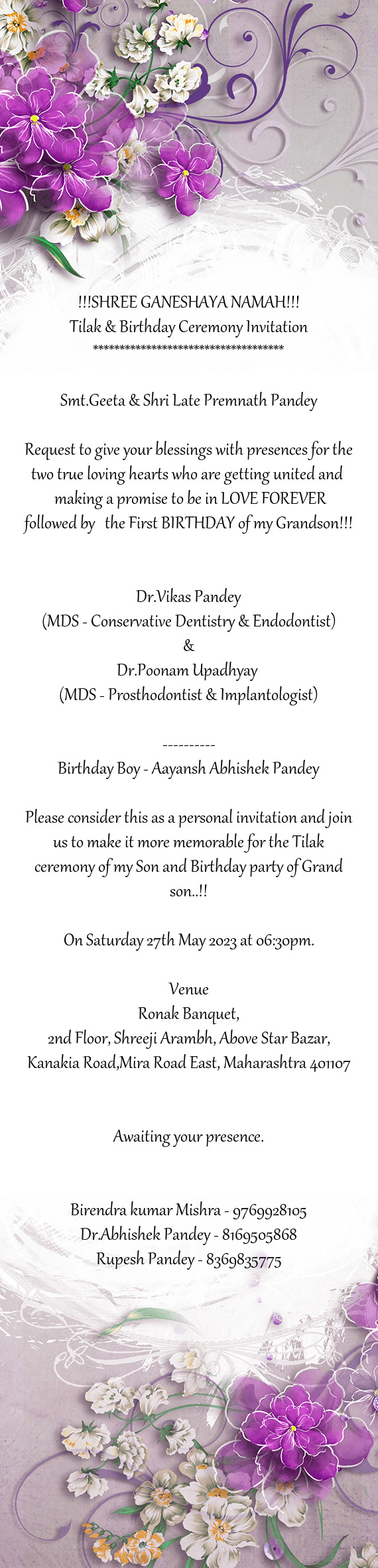 Tilak & Birthday Ceremony Invitation