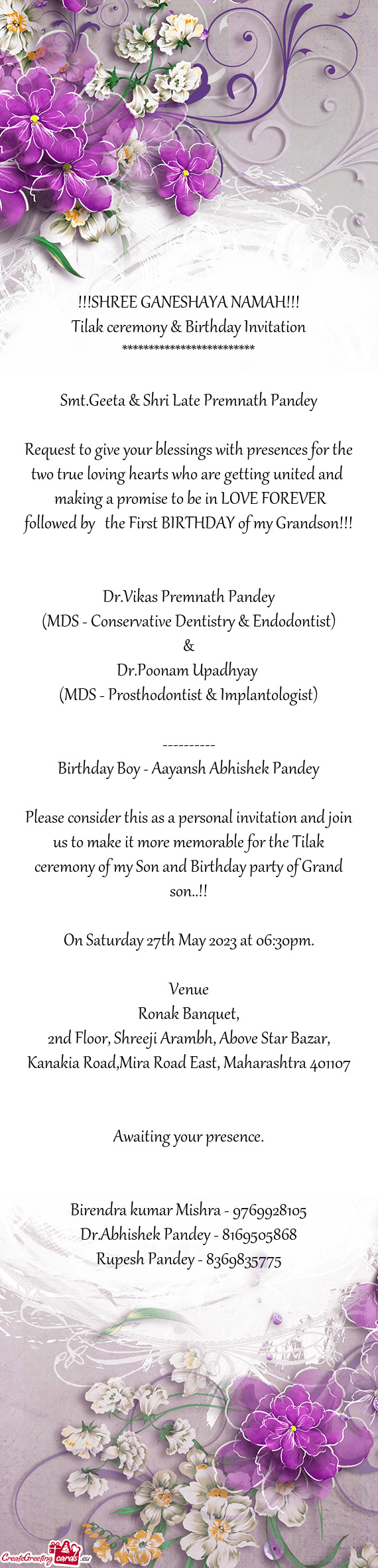 Tilak ceremony & Birthday Invitation