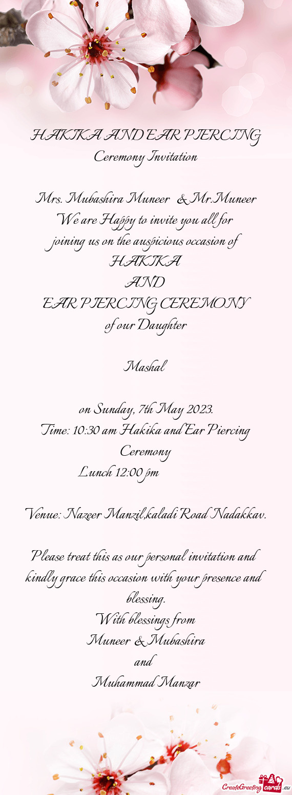 Time: 10:30 am Hakika and Ear Piercing Ceremony