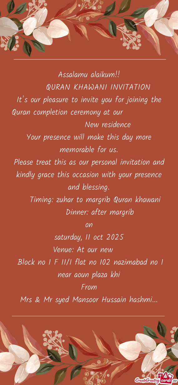 Timing: zuhar to margrib Quran khawani