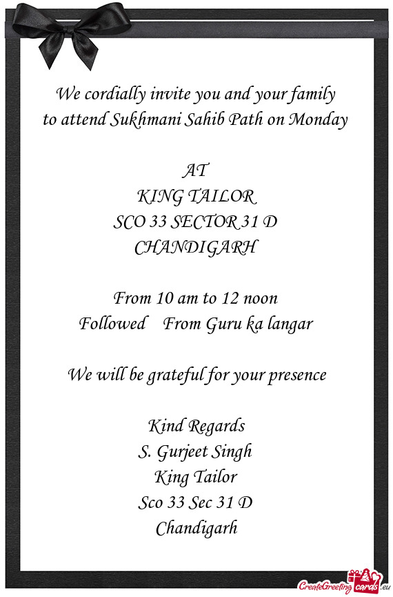 To attend Sukhmani Sahib Path on Monday