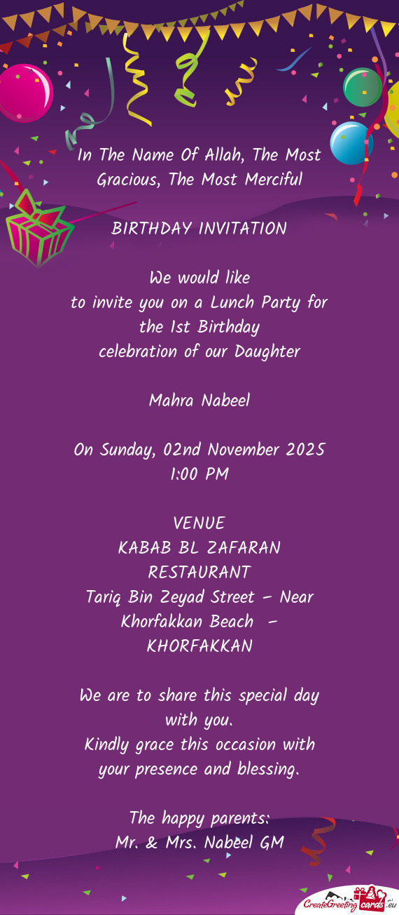 To invite you on a Lunch Party for the 1st Birthday
