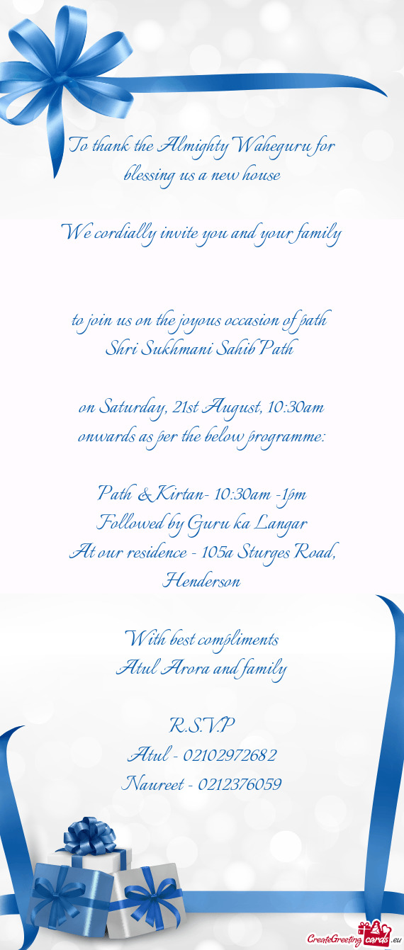 To join us on the joyous occasion of path Shri Sukhmani Sahib Path