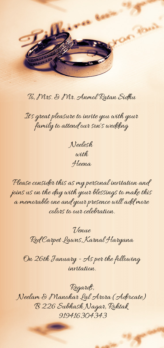 To, Mrs. & Mr. Anmol Ratan Sidhu