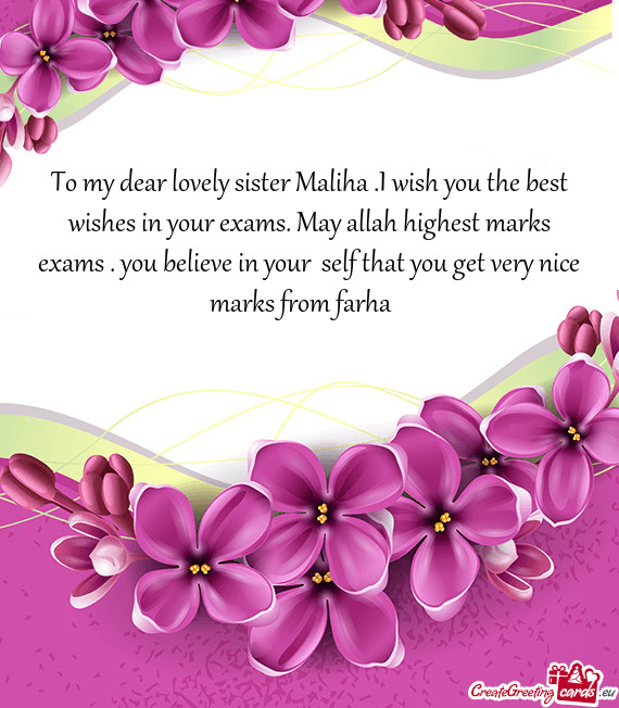 To my dear lovely sister Maliha .I wish you the best wishes in your exams. May allah highest marks e