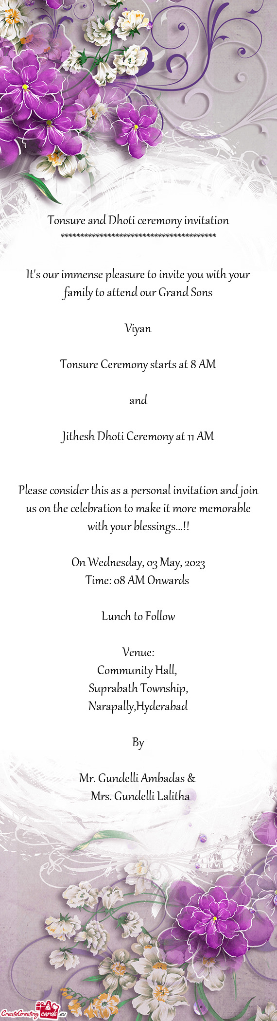 Tonsure and Dhoti ceremony invitation