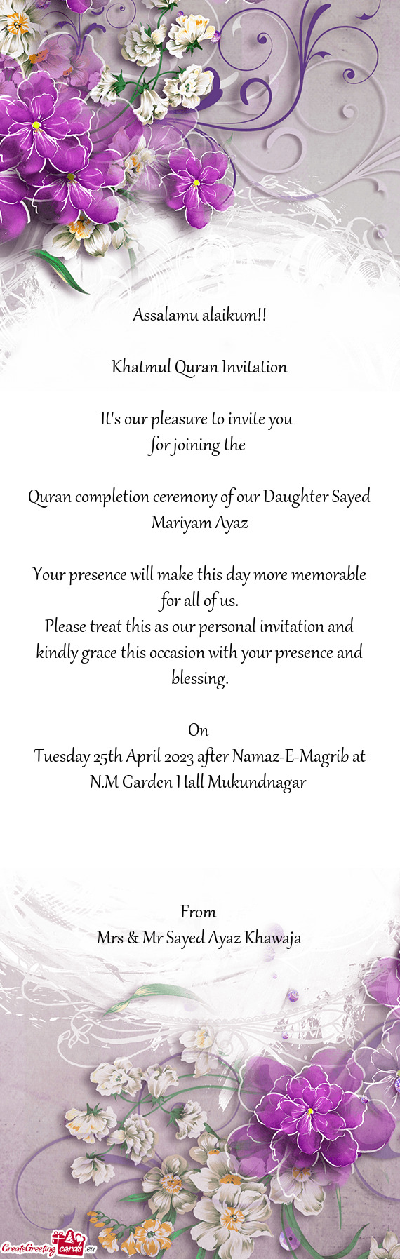 Tuesday 25th April 2023 after Namaz-E-Magrib at N.M Garden Hall Mukundnagar