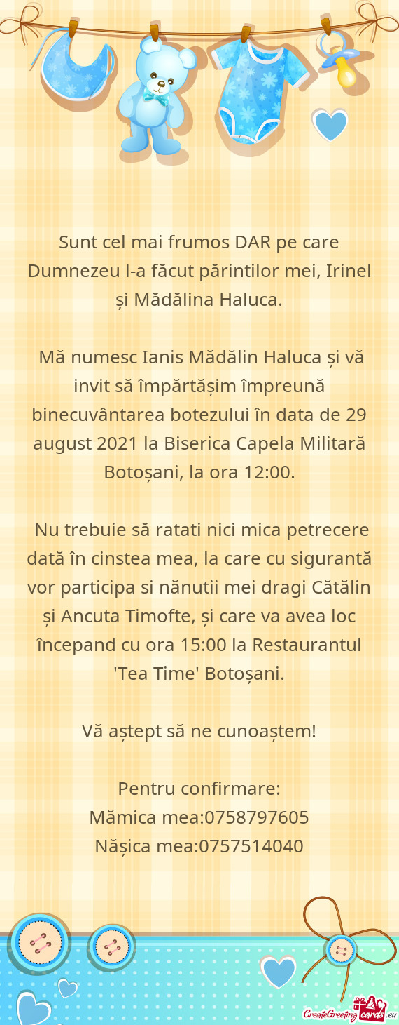 Ului în data de 29 august 2021 la Biserica Capela Militară Botoșani, la ora 12:00
