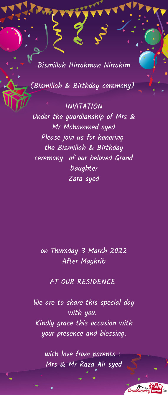 Under the guardianship of Mrs & Mr Mohammed syed