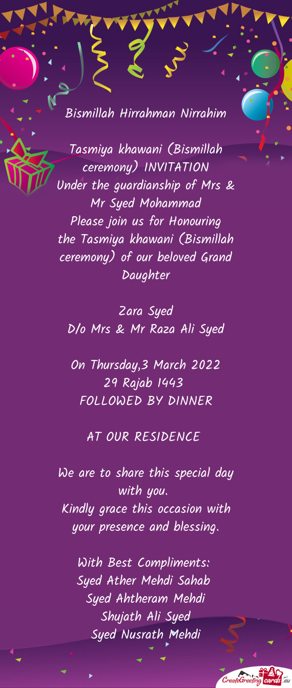 Under the guardianship of Mrs & Mr Syed Mohammad