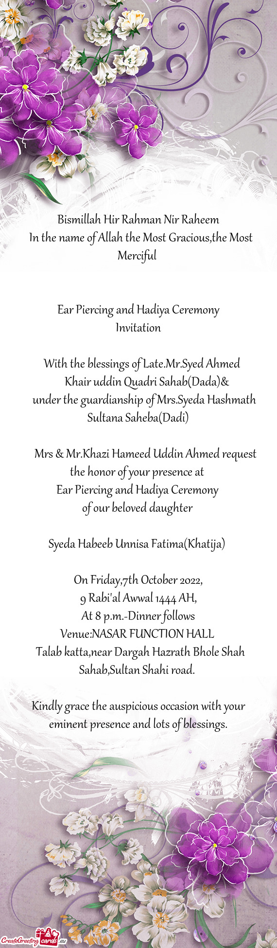Under the guardianship of Mrs.Syeda Hashmath Sultana Saheba(Dadi)