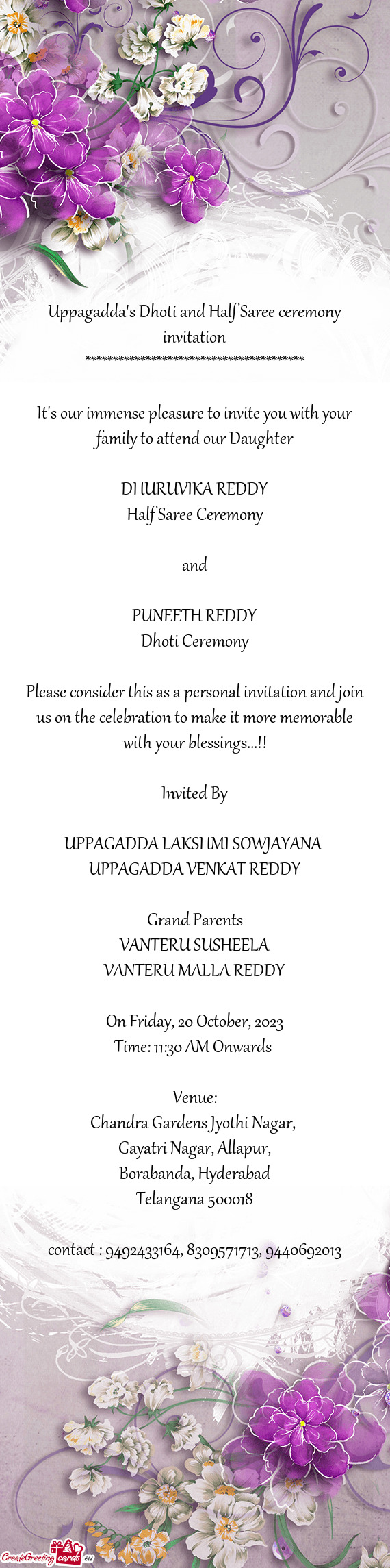 Uppagadda's Dhoti and Half Saree ceremony invitation