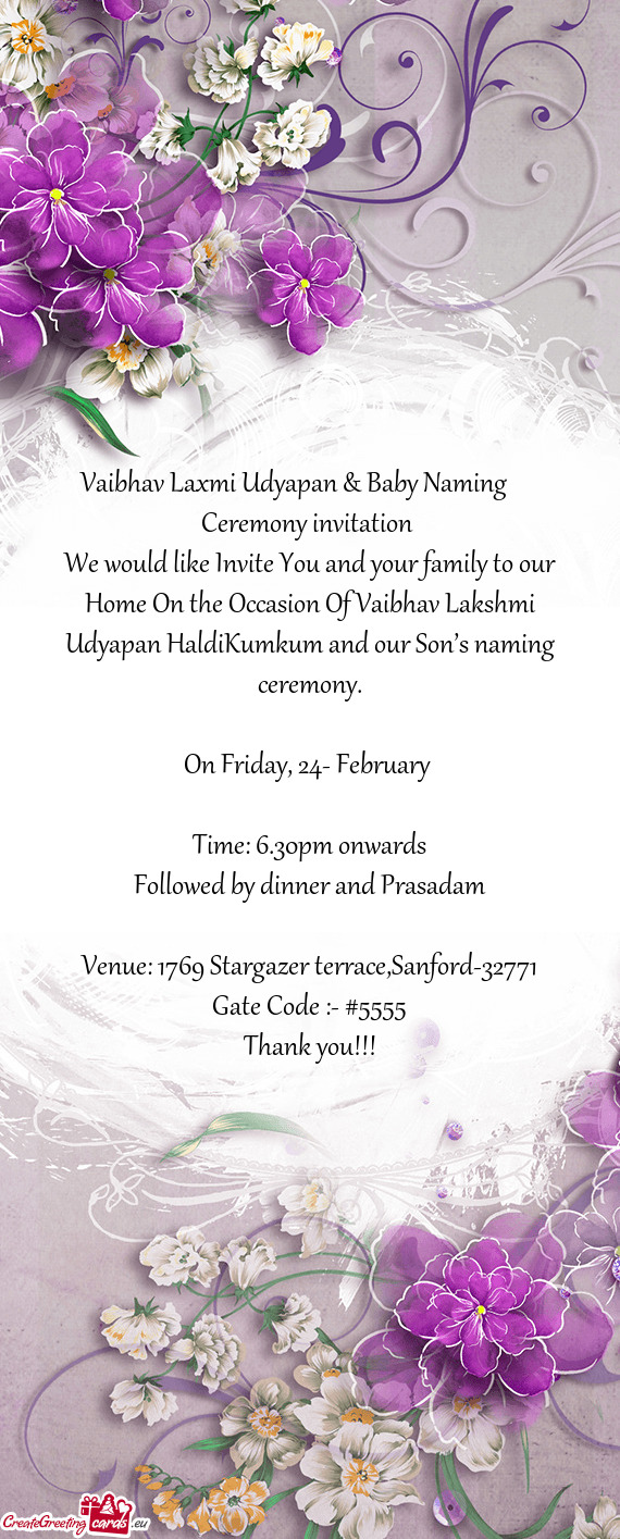 Vaibhav Laxmi Udyapan & Baby Naming  Ceremony invitation