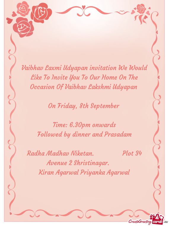 Vaibhav Laxmi Udyapan invitation We Would Like To Invite You To Our Home On The Occasion Of Vaibhav