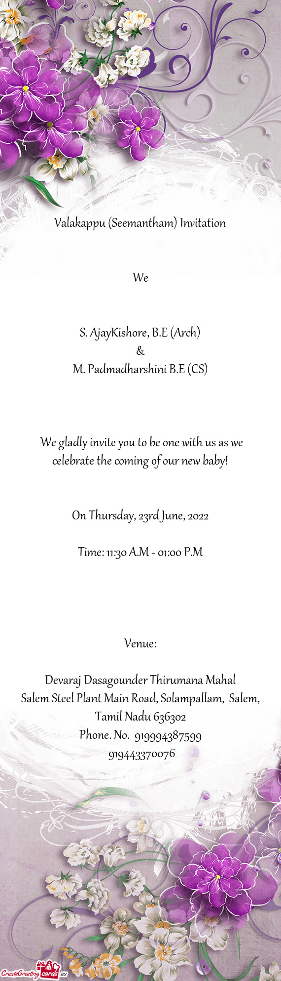 Valakappu (Seemantham) Invitation  We  S