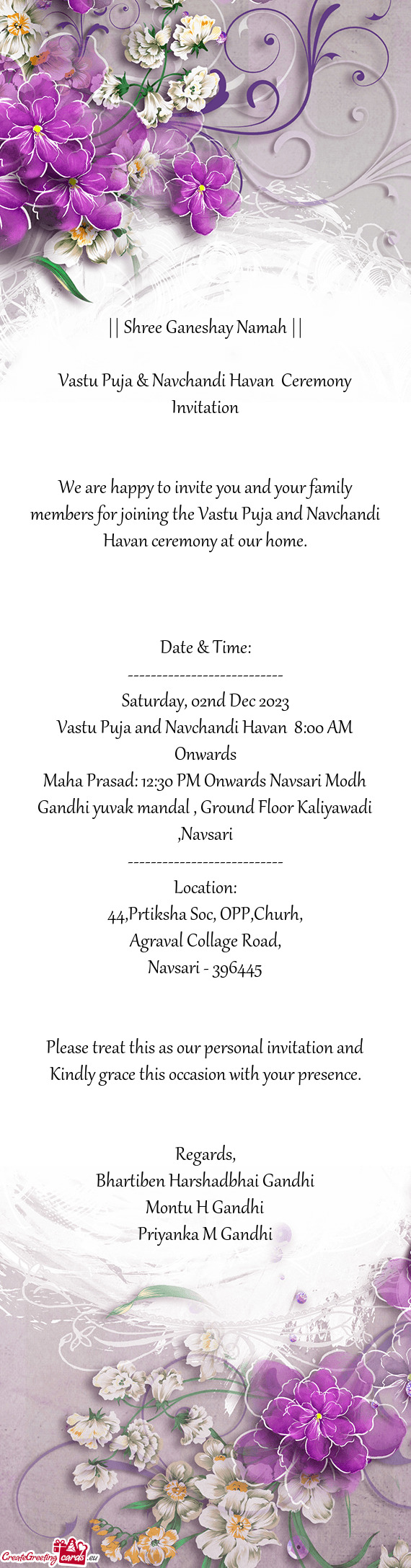 Vastu Puja & Navchandi Havan Ceremony Invitation