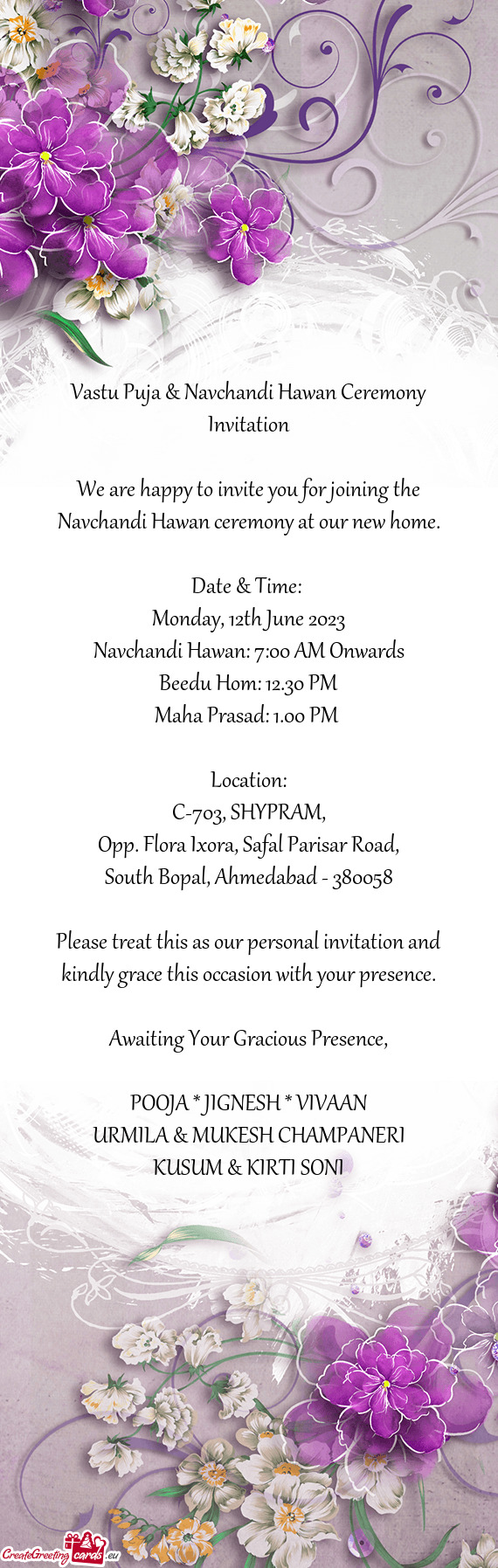 Vastu Puja & Navchandi Hawan Ceremony Invitation