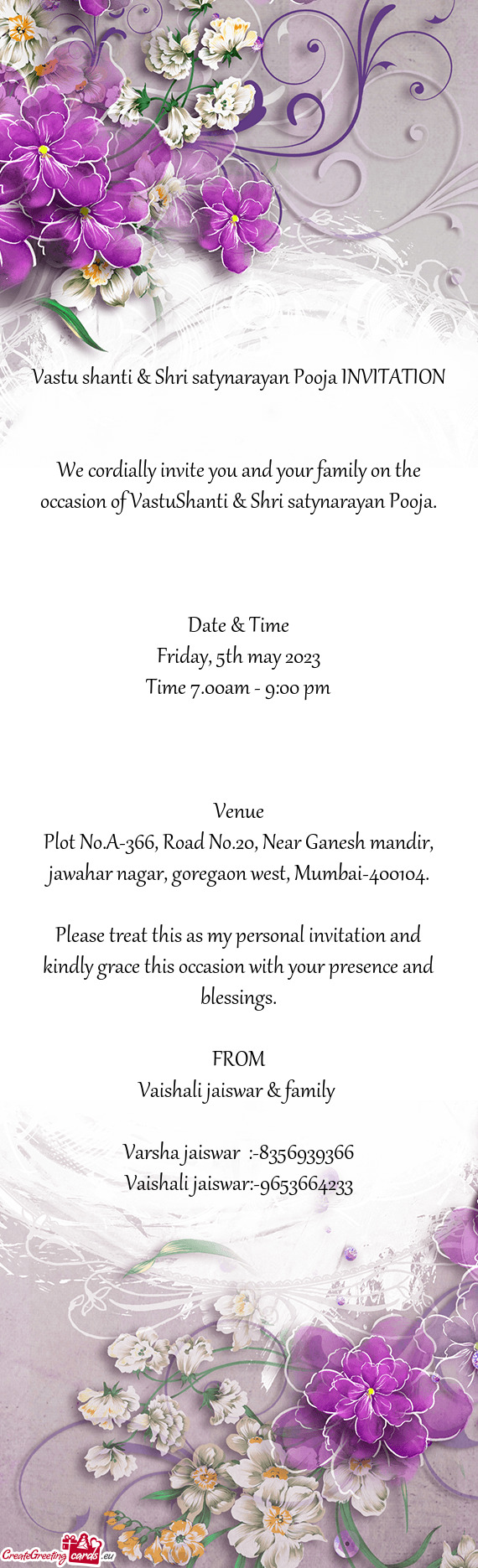 Vastu shanti & Shri satynarayan Pooja INVITATION