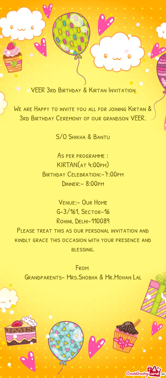 VEER 3rd Birthday & Kirtan Invitation