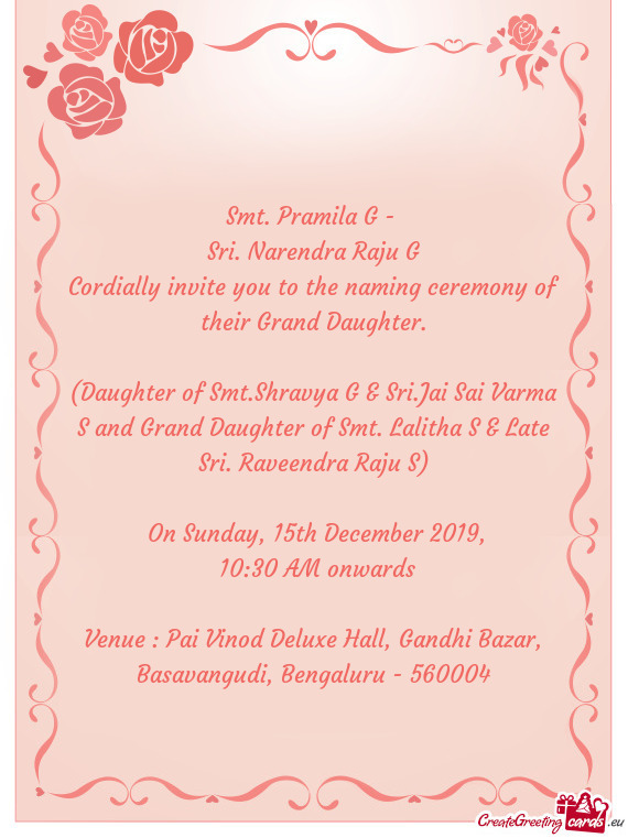 Venue : Pai Vinod Deluxe Hall, Gandhi Bazar, Basavangudi, Bengaluru - 560004