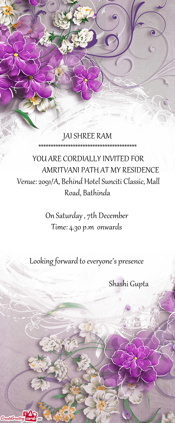 Venue: 2091/A, Behind Hotel Sunciti Classic, Mall Road, Bathinda