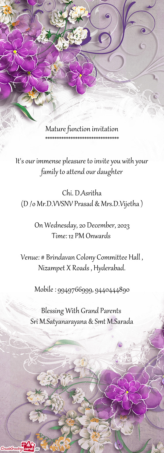 Venue: # Brindavan Colony Committee Hall , Nizampet X Roads , Hyderabad