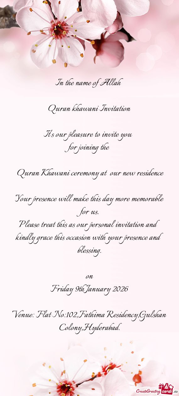 Venue: Flat No:102,Fathima Residency,Gulshan Colony,Hyderabad