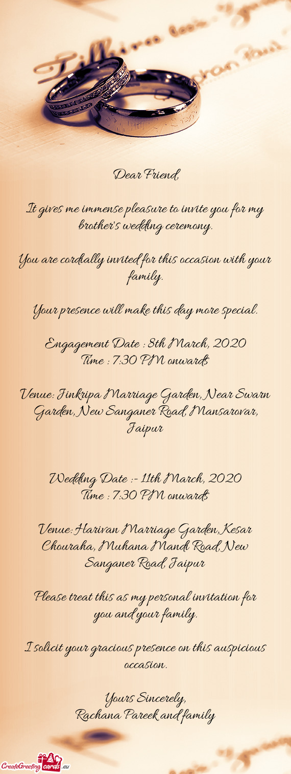 Venue: Jinkripa Marriage Garden, Near Swarn Garden, New Sanganer Road, Mansarovar, Jaipur