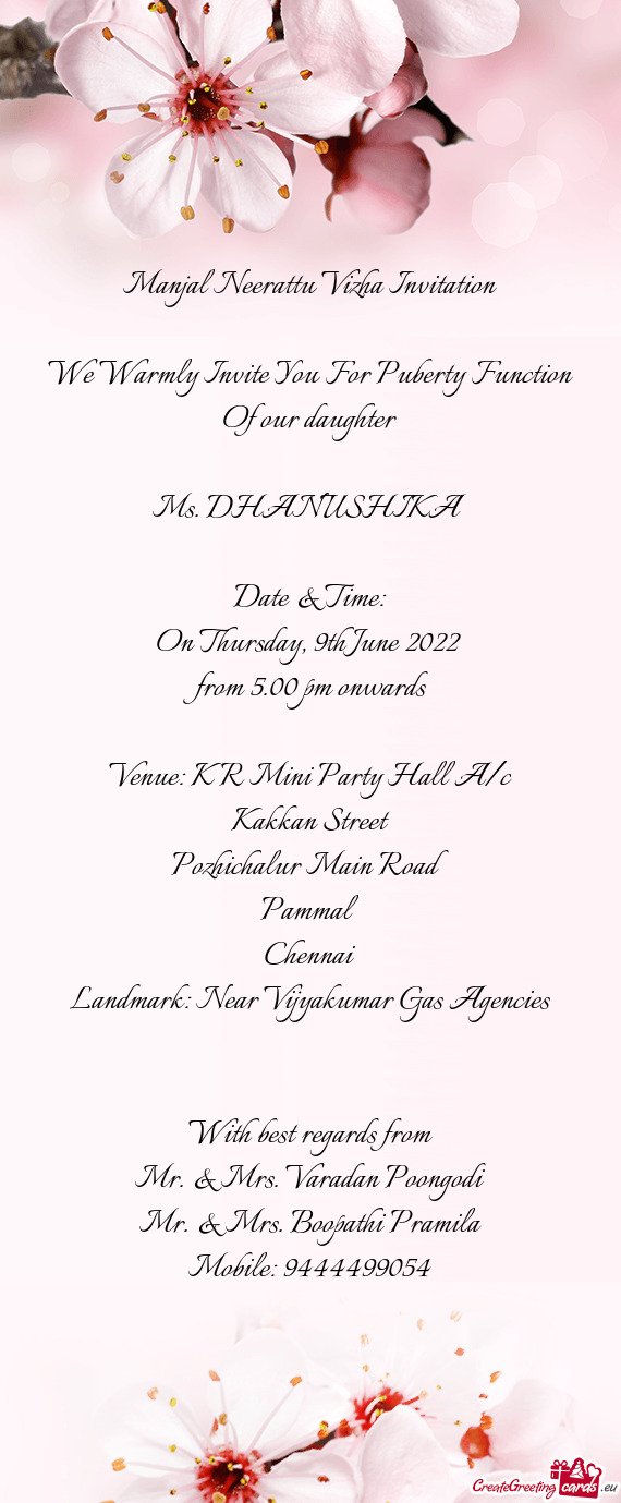 Venue: K R Mini Party Hall A/c