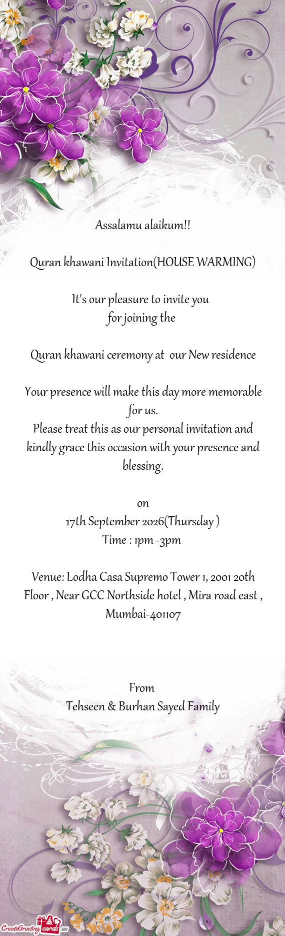 Venue: Lodha Casa Supremo Tower 1, 2001 20th Floor , Near GCC Northside hotel , Mira road east , Mum