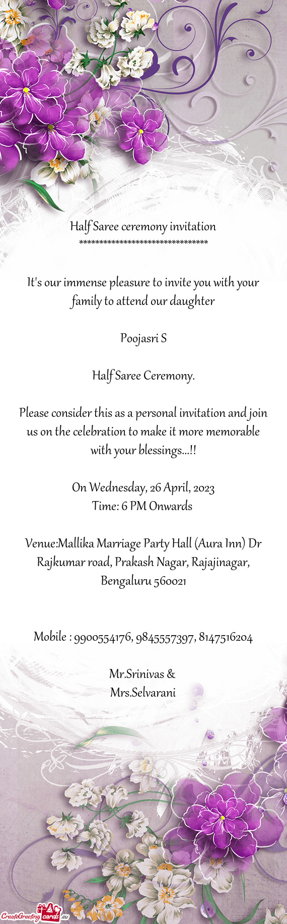 Venue:Mallika Marriage Party Hall (Aura Inn) Dr Rajkumar road, Prakash Nagar, Rajajinagar, Bengaluru