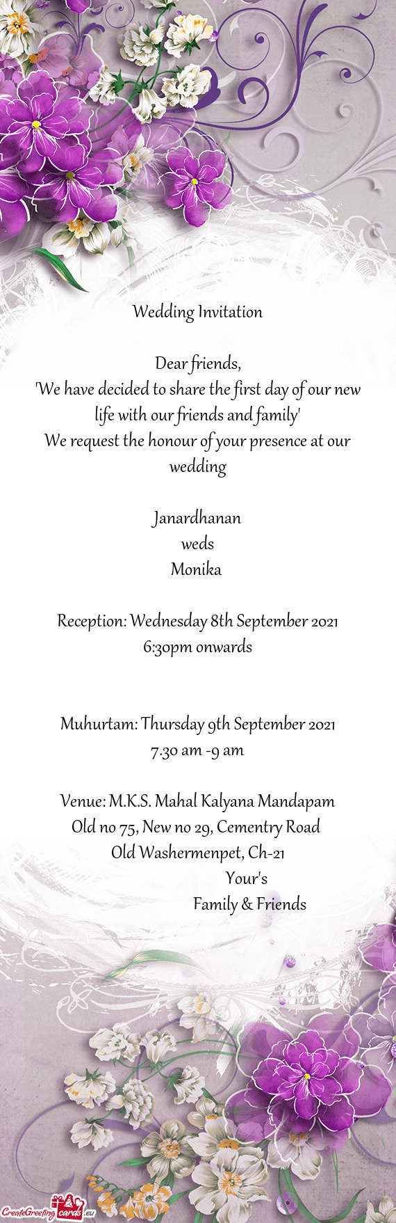Venue: M.K.S. Mahal Kalyana Mandapam