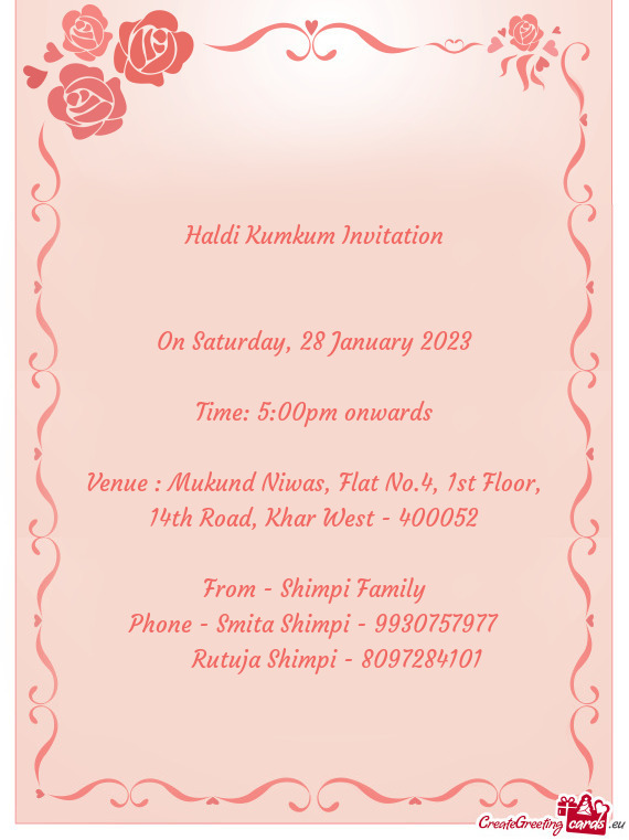 Venue : Mukund Niwas, Flat No.4, 1st Floor, 14th Road, Khar West - 400052