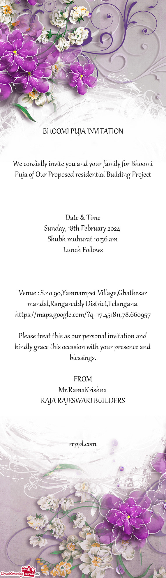 Venue : S.no.90,Yamnampet Village,Ghatkesar mandal,Rangareddy District,Telangana