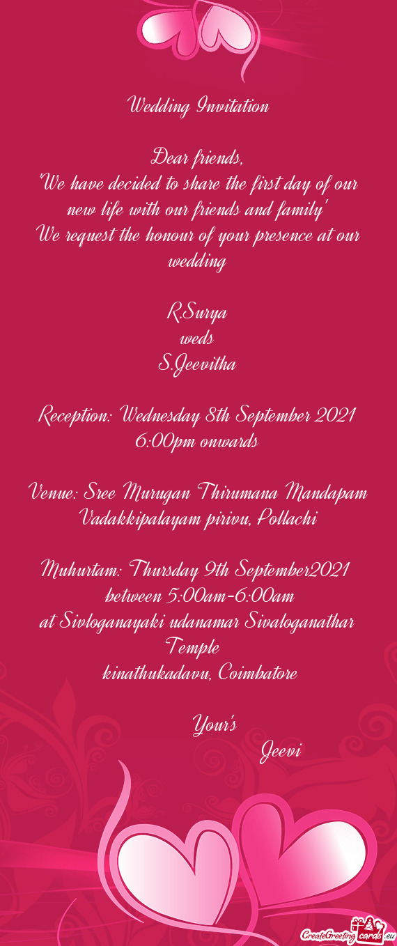 Venue: Sree Murugan Thirumana Mandapam